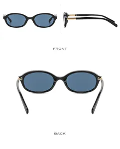 Occhiali da sole ovali da donna in stile coreano con lenti blu e montatura nera elegante.