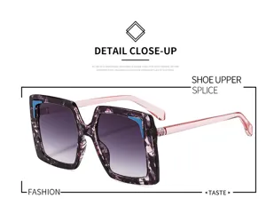 Gros plan détaillé de grandes lunettes de soleil carrées avec verres dégradés et monture stylée.