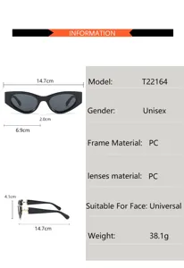 Gafas de sol unisex diagrama de especificaciones de tamaño, montura y lentes PC, modelo T22164.