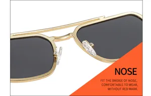 Nahaufnahme des stabilen Metalldoppelstags und der Nasenkissen der modischen Sonnenbrille.