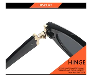 Primer plano de la bisagra de metal resistente en gafas de sol negras, suave y duradera.