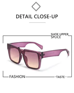 Close-up of purple gradient oversized square sunglasses, stylish retro one-piece eyewear design.
