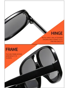 Oversized aviator sunglasses detail showing metal hinge link and texture frame design clearly.