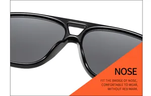 Close-up of black aviator sunglasses bridge, comfortable fit nose design details view.