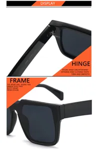 Black unibody square sunglasses with strong hinges, vintage large frame detail design.
