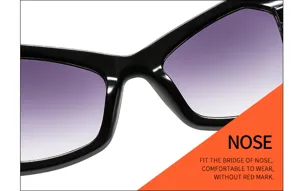 Occhiali da sole quadrati donna dettaglio, montatura nera elegante e lenti sfumate alla moda.