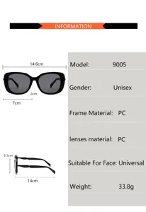 Unisex black sunglasses with PC frame and lenses, lightweight 33.8g design for universal face.