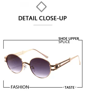 Gros plan détail de lunettes de soleil rondes en métal style punk vintage avec verres dégradés.