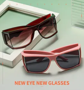Y2K futuristische Wrap-Around-Sonnenbrille Detail, trendige geschwungene Brille für Damen