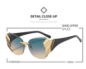 Detailed view of the trendy rimless gradient sunglasses with metallic side decorations.