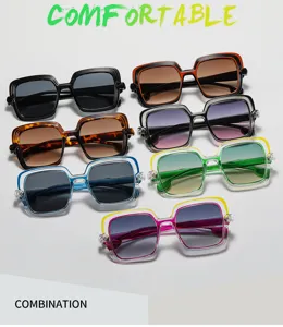 Vista detallada de gafas de sol cuadradas con bloques de color modernas y elegantes.