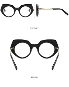 Detaillierte Ansicht der trendigen Katzenaugen-Brille mit Vorder-, Seiten- und Rückansicht.