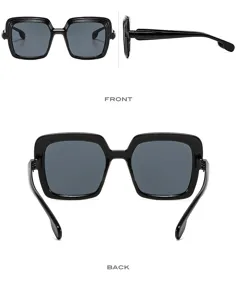 Gafas de sol cuadradas para mujer con montura negra elegante y lentes grises oscuras.