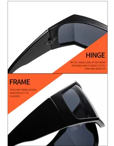 Y2K futuristische Wrap-Sonnenbrille Detailansicht, schwarze Mode Bogen Brille mit Scharnier.