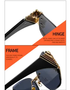 Stylish rimless cut edge sunglasses detail with metal hinge and texture frame design for chic look.