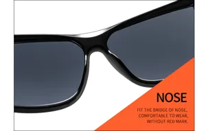 Nahaufnahme des Nasenstegs stilvoller Y2K Sonnenbrille, bequeme Passform, moderner schwarzer Rahmen.