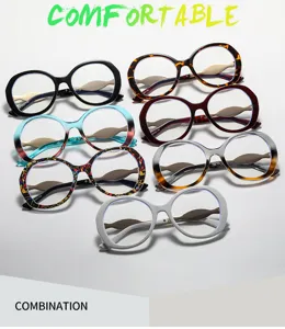Modische runde Damenbrille in verschiedenen bunten Mustern und vielseitigen klaren Gläsern.