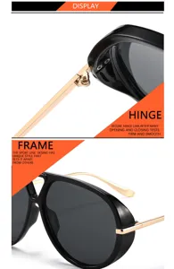 Occhiali da sole pilota oversize da donna alla moda, montatura nera con aste dorate chic.