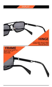 Vue détaillée des lunettes de soleil en métal à double pont montrant des charnières robustes.
