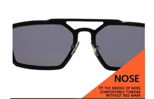 Détail du double pont métallique et des plaquettes de nez pour lunettes de soleil.