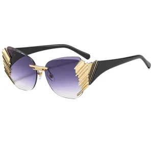 Rimless Cut Edge Sunglasses Unisex Trendy Gradient Lens Sun Glasses Metal Wing Accent Oval Frame Eyewear For Streetwear Travel Party