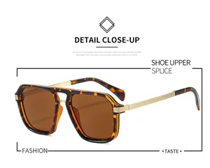 Double-bridge square sunglasses detail close-up, tortoise shell frame, brown UV protection lenses.