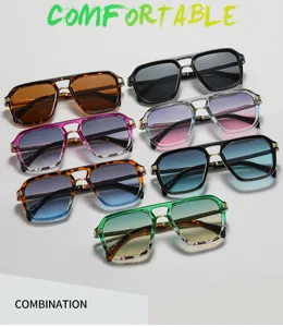 Detailed view of trendy double-bridge square sunglasses, UV protection, stylish multi-color frames.
