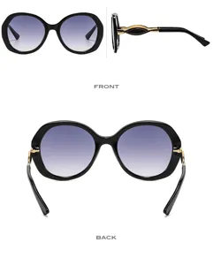 Close-up detail view of fashionable oversized round women sunglasses with gradient lenses and gold temples.