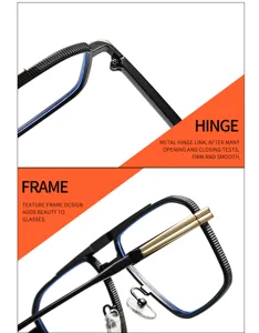 Men stylish square optical glasses detail shot featuring durable metal hinge and textured frame.