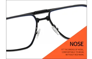 Close-up detail view of men's metal square eyeglass frame with comfortable nose pads.