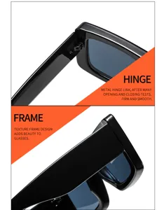 Nahaufnahme der stilvollen schwarzen Sonnenbrille mit robustem Metallscharnier und Rahmen.