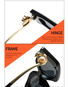Lunettes de soleil carrées de luxe pour femmes charnière en métal détail perle noir chic