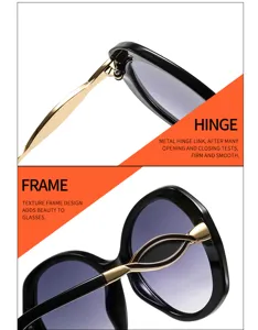 Close up detail of women round sunglasses metal hinge and texture frame design. High quality.