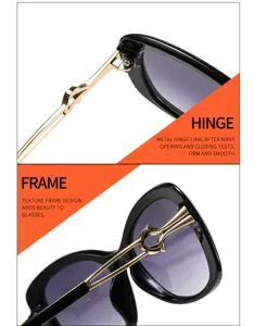 Close-up detail of women sunglasses showing metal hinge link and texture frame design.