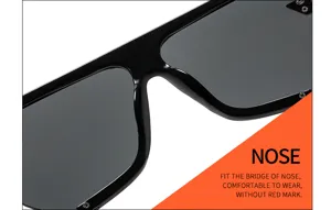 Trendy women oversized flat top polygon sunglasses detail shot, comfortable nose bridge design.