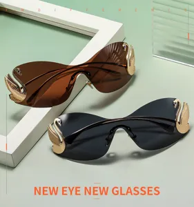 Stylish frameless one-piece sunglasses with elegant swan decor for women street fashion.