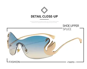 Gradient blue rimless sunglasses with elegant swan decoration and metallic temples for women.