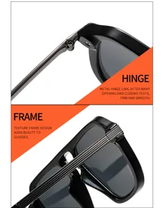 Double bridge square sunglasses detail, metal hinge and textured frame design for men and women.