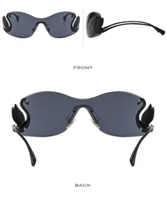 Rimless one-piece sunglasses for women with stylish metal temples and cute swan side decor.