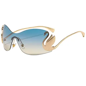 Fashion Rimless One-Piece Sunglasses For Women Metal Frame PC Lens Rhinestone Swan Decor Shield Glasses UV400 Shades Holiday Travel Outfit