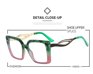 Close-up of stylish large frame clear glasses with gradient front and hollow temples.
