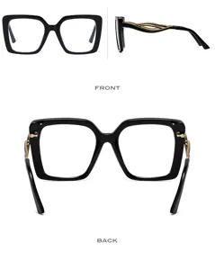Fashion large frame eyeglasses frame with trendy hollow metal temples, clear optical glasses.