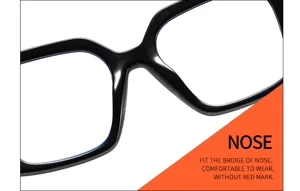 Close-up view of the comfortable nose bridge on stylish black optical glasses frame.