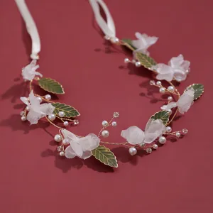 Korean Style Wedding Hair Band Handmade Crystal Alloy Leaf Artificial Pearl Hairband Women Floral Hair Accessories