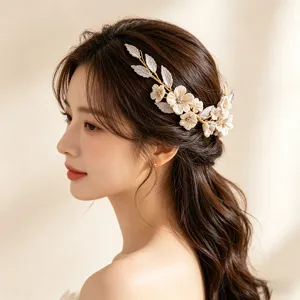 Bandeau de Mariée en Céramique Fait Main Strass Perle Artificielle Accessoires de Cheveux de Mariage pour Femmes