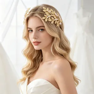 Gold Alloy Artificial Pearl Leaf Hair Band Bridal Wedding Party Hair Accessories For Women Headwear