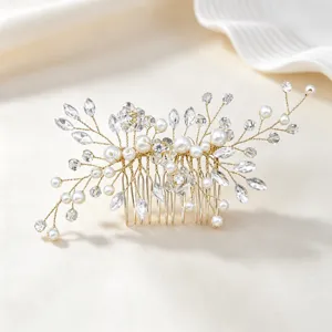 Exquisite bridal pearl crystal hair comb detail, gold wire hair accessory for wedding.