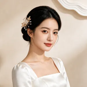 Épingle à Cheveux en U Dorée Accessoire de Mariée Avec Perle Artificielle Et Strass Design Feuille Pour Mariage Femme