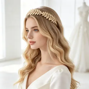 Gold leaf headband bridal hair accessory wedding banquet hairpiece for women detail view