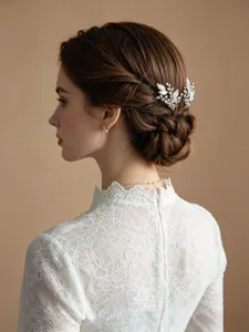 Exquisite crystal leaf bridal hair pin detail, perfect for elegant wedding updos and parties.